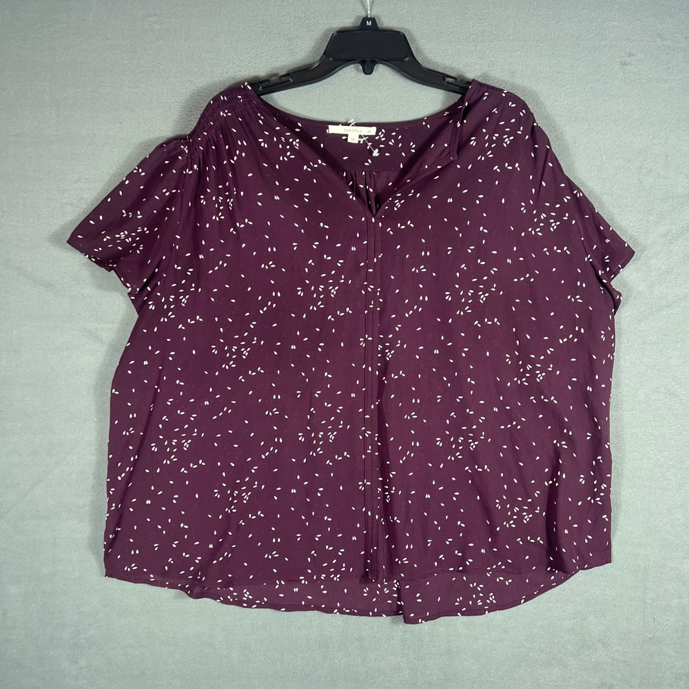 fun2fun Womens Blouse 3X Purple Seed Print Relaxed Short Sleeve Split Neck Top